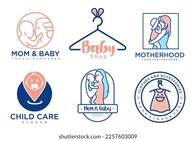 happy baby and mother icon set logo design.badges for children store and baby care center.illustration