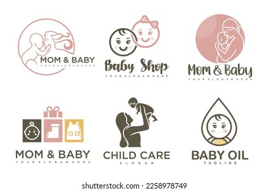 diseño del logotipo del conjunto de iconos de bebé y madre feliz.insignias para guarderías infantiles.ilustración