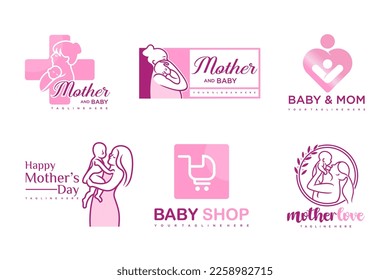 happy baby and mother icon set logo design.badges for children store  baby care center.illustration