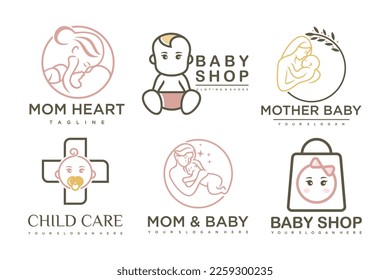 happy baby and mother icon set logo design.badges for children store and baby care center.illustration