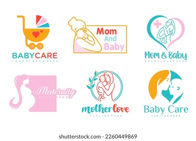 happy baby and mother icon set logo design.badges for children store  baby care center.illustration