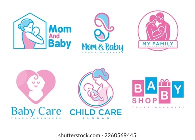 happy baby and mother icon set logo design.badges for children store and baby care center.illustration