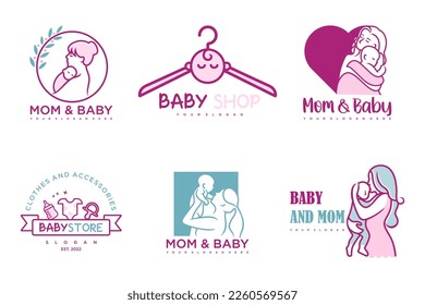happy baby and mother icon set logo design.badges for children store and baby care center.illustration