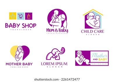happy baby and mother icon set logo design.badges for children store and baby care center.illustration