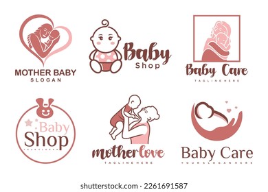 diseño del logotipo del conjunto de iconos de bebé y madre feliz.insignias para guarderías infantiles.ilustración