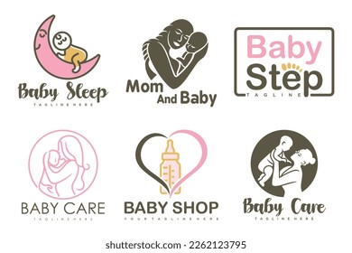 happy baby and mother icon set logo design.badges for children store And baby care center.illustration