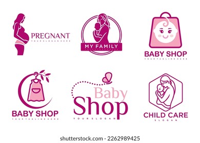 happy baby and mother icon set logo design.badges for children store and baby care center.illustration