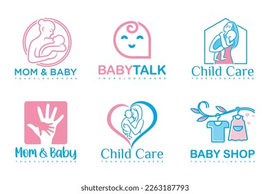 happy baby and mother icon set logo design.badges for children store and baby care center.illustration