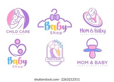 happy baby and mother icon set logo design.badges for children store and baby care center.illustration