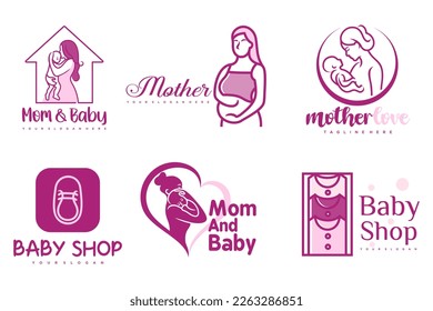 happy baby and mother icon set logo design.badges for children store and baby care center.illustration