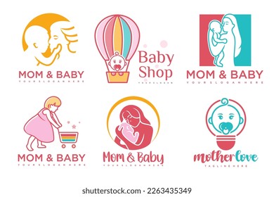 happy baby and mother icon set logo design.badges for children store and baby care center.illustration