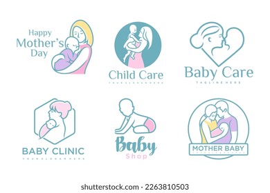 happy baby and mother icon set logo design.badges for children store and baby care center.illustration