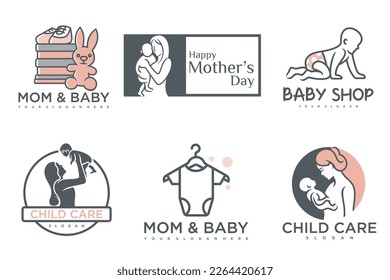 happy baby and mother icon set logo design.badges for children store dan baby care center.illustration