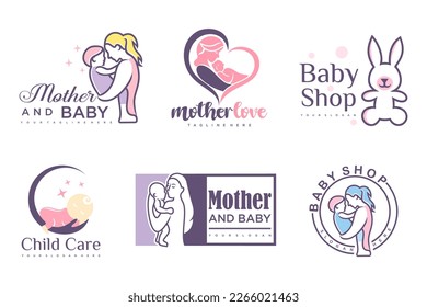 happy baby and mother icon set logo design.badges for children store and baby care center.illustration