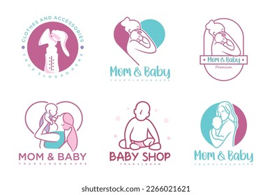 happy baby and mother icon set logo design.badges for children store and baby care center.illustration