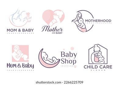 diseño del logotipo del conjunto de iconos de bebé y madre feliz.insignias para guarderías infantiles.ilustración