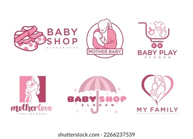 happy baby and mother icon set logo design.badges for children store and baby care center.illustration