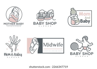 happy baby and mother icon set logo design.badges for children store and baby care center.illustration