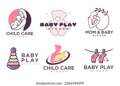 happy baby and mother icon set logo design.badges for children store and baby care center.illustration