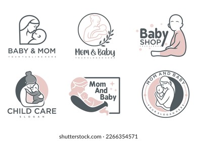 happy baby and mother icon set logo design.badges for children store and baby care center.illustration