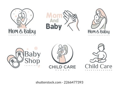 happy baby and mother icon set logo design.badges for children store and baby care center.illustration