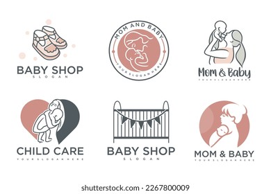 diseño del logotipo del conjunto de iconos de bebé y madre feliz.insignias para niños tienda dan baby care center.ilustración