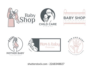 happy baby and mother icon set logo design.badges for children store and baby care center.illustration