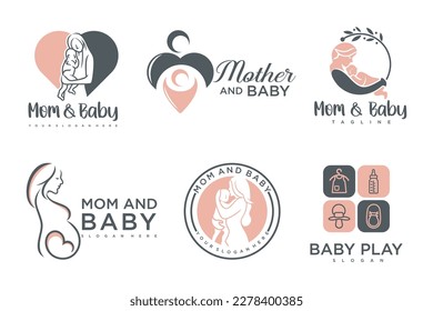 happy baby and mother icon set logo design.badges for children store and baby care center.illustration