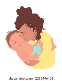 Happy baby in mother's arms, mother kissing baby