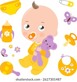 Happy baby nursery set. Cute baby with milk bottle, teddy bear toy and milk bottle. Baby shower, birthday party set. Vector illustration collection