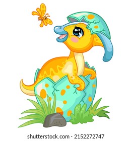 Happy baby parasaurolophus dinosaur sitting in egg on nature. Cute cartoon character. Vector isolated illustration. For print, design, advertising, cards,stationery, t-shirt, textiles, sublimation