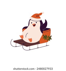 Happy baby penguin rides on sledge, sleigh in Christmas vacations. Cute north bird slides on sled on snow slope. Polar animal has fun in winter holiday. Flat isolated vector illustration on white