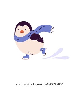 Happy baby penguin in scarf skating at Christmas. Cute north animal has fun in snow winter holidays. Funny polar bird skier rides on ice rink. Flat isolated vector illustration on white background