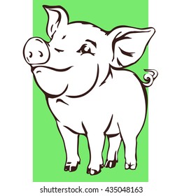 Happy baby pig. Joyful young swine vector sketch isolated on white.