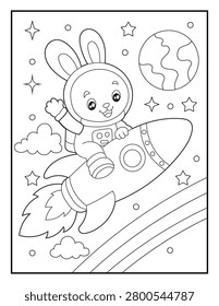 Happy Baby Rabbit Space Adventure Coloring Sheet for Kids and Adults. Easy Printable Coloring Book Page