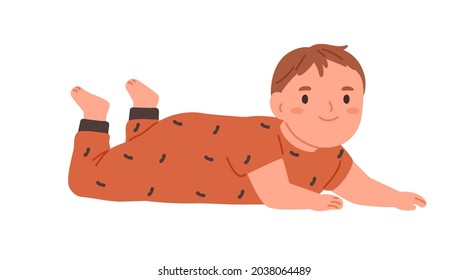 Happy baby rolled over and lying on belly. Portrait of smiling child. Little kid crawling. Cute adorable infant. Positive joyful boy. Flat vector illustration isolated on white background