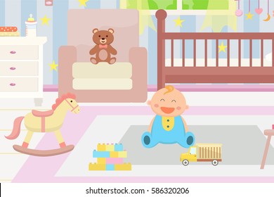 Happy baby in the room . Flat design. 