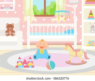 Happy baby in the room . Flat design. 
