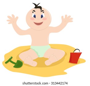 Happy baby in the sandbox. Cartoon vector illustration