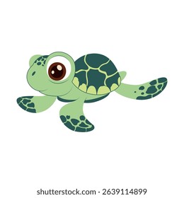 Happy baby sea turtle with big eyes and green shell. Cute vector animal for kids' designs, books, or educational ocean projects.
