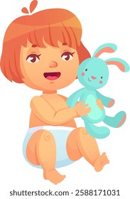 Happy baby sitting and hugging soft toy rabbit, wearing diaper, isolated on white background, childcare and parenthood, happy childhood concept