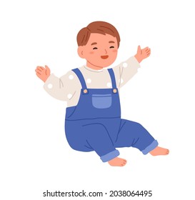 Happy baby sitting and laughing with joy. Smiling merry child. Laughter of cute little kid. Adorable positive boy. Flat vector illustration of lovely son isolated on white background