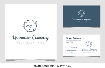 Happy Baby Sleeping / Cute Babyshop With Moon Logo Design Vector Template With Business Card