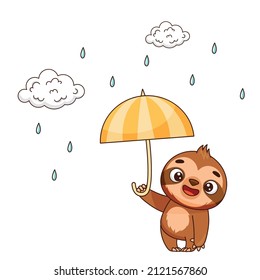 Happy baby sloth stands in the rain with an umbrella in his hands near the clouds and drops. Vector illustration for designs, prints and patterns. Isolated on white background