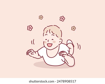 Happy  baby start to crawling on a bed. Hand drawn style vector design illustrations.