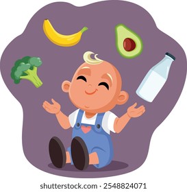 
Bebé feliz rodeado por el personaje de dibujos animados del Vector de comida saludable. El niño diversifica su dieta con la edad incluyendo verduras y frutas 
