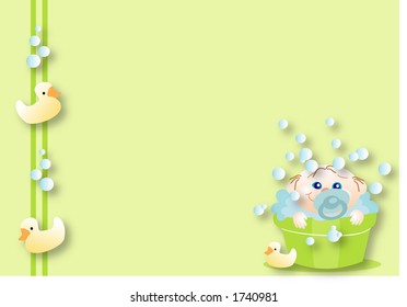 happy baby taking a bath from bubbles, with its toys