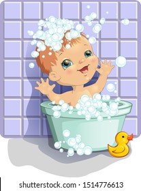 Happy baby taking bath with yellow duck toy and lots of foam bubbles. Adorable smiling child in bathroom. Vector character illustration