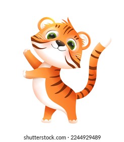 Happy baby tiger dancing showing  Cute animal cartoon for children  childish smiling tiger character for kids  Funny animal mascot illustration  Vector clip art drawing in 3d style 