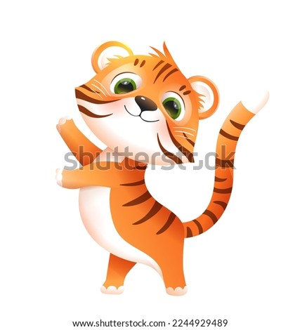 Happy baby tiger dancing or showing. Cute animal cartoon for children, childish smiling tiger character for kids. Funny animal mascot illustration. Vector clip art drawing in 3d style.